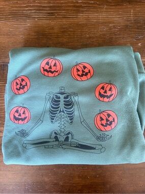 Green Halloween Sweatshirt with Skeleton and Jack-O'-Lanterns